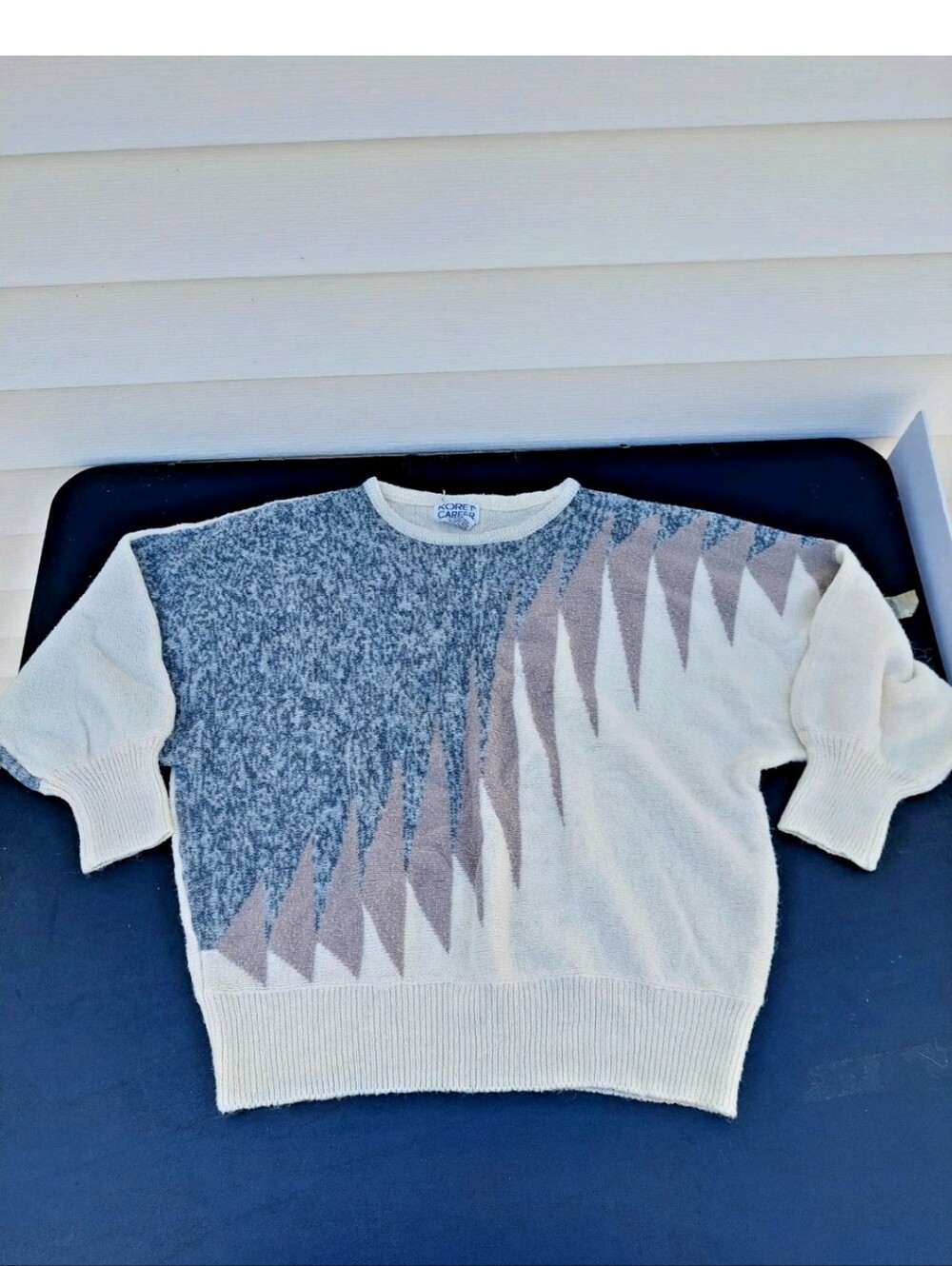 Vintage Knit Sweater color block puff sleeve Koret gray cream tan tag size 40